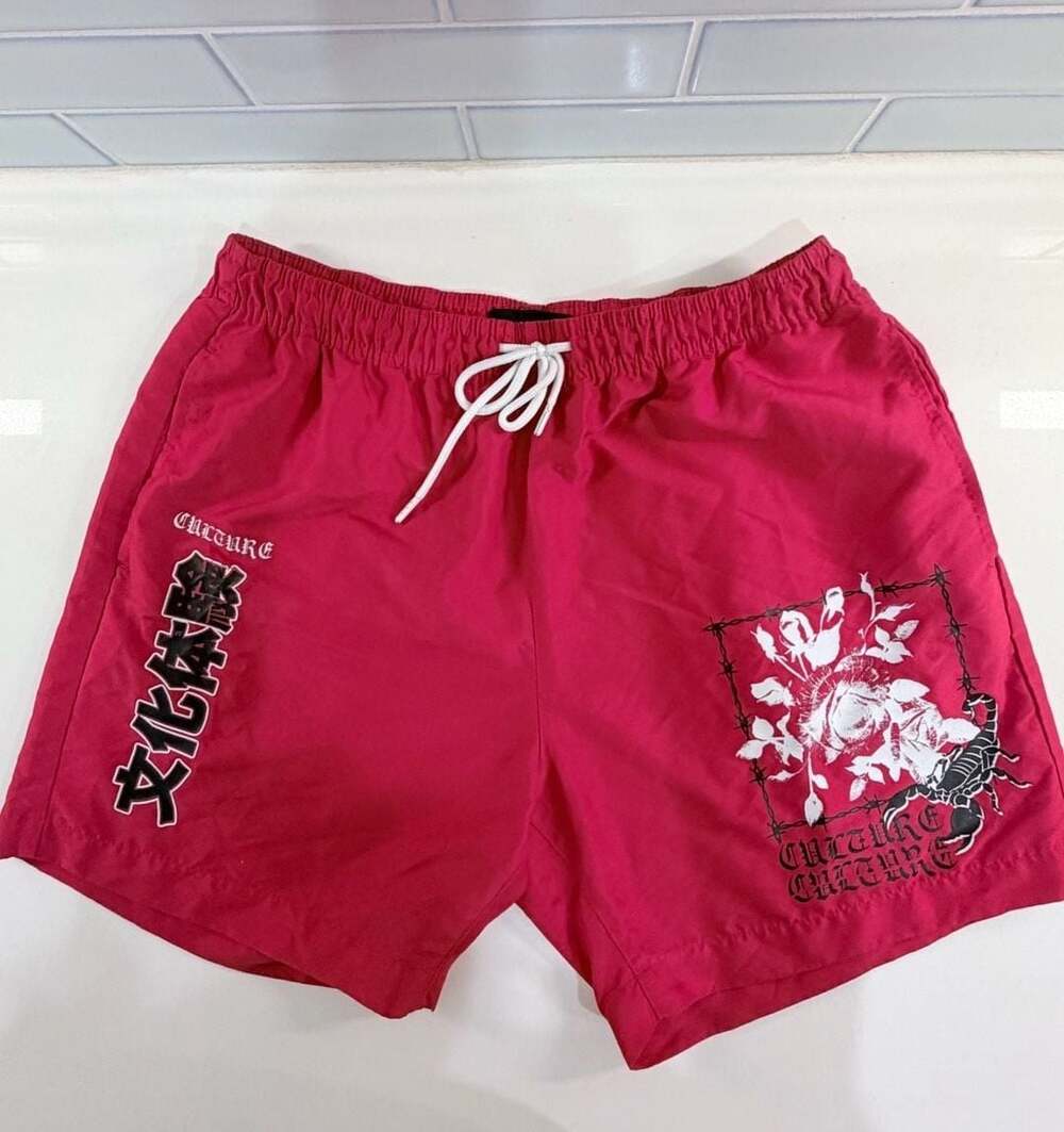 Red Swim Trunks with Japanese Characters and Floral Scorpion Print Size M